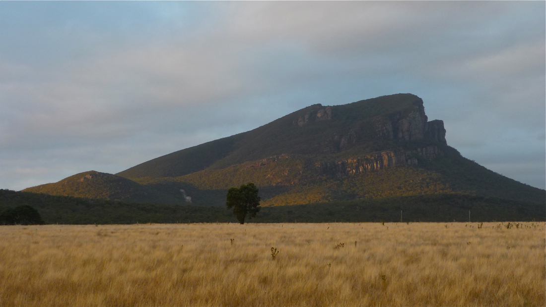 Mud-Dadjug (827 m), jinak taky Mt Murdadjoong, Victoria.