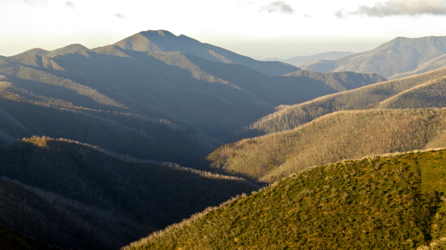Údolí říčky Diamantina. Vlevo na konci hřebene Feathertop.