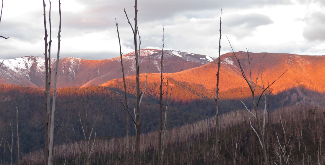 Mount Hotham v zapadajícím slunci.