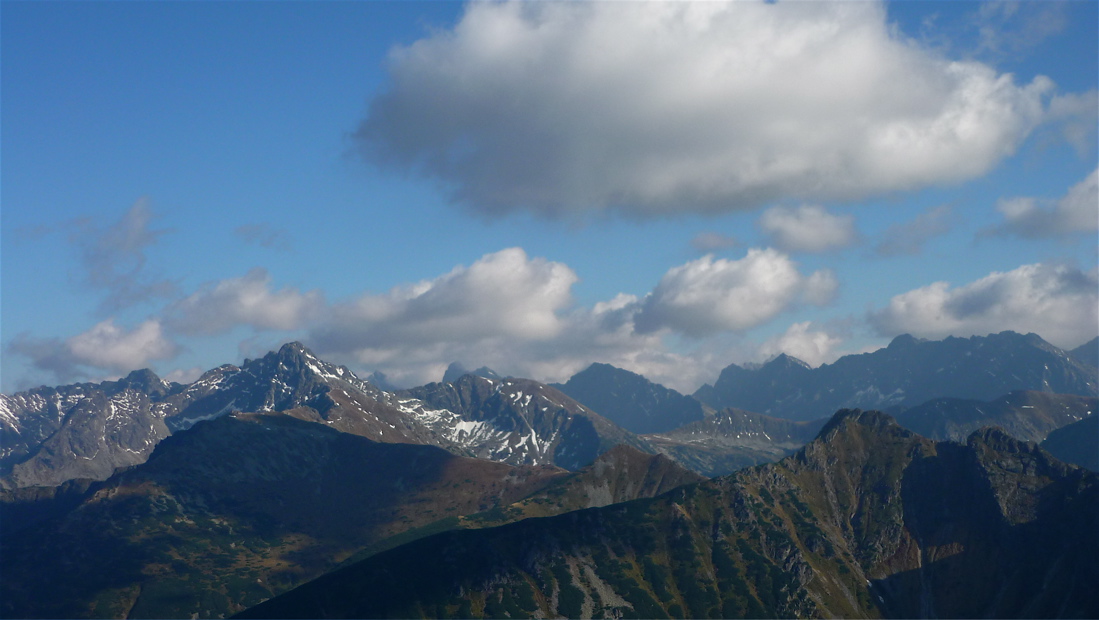 Tatry z Giewontu, ve stínu Kasprow wierch, za ním Swinica