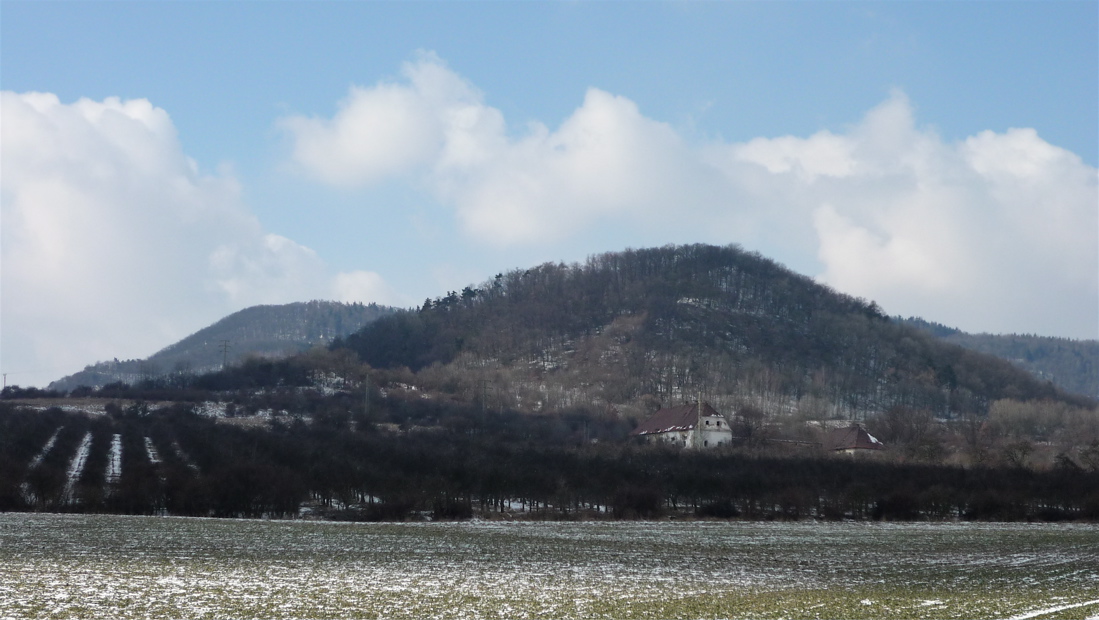 Liščín (437 m) a pustý Ploskovický dvůr. Vzadu Křížová hora.